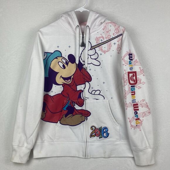 Disney 2016 Mickey Mouse Fantasia Sweater Womens XL White Hooded Sweatshirt - Picture 1 of 16